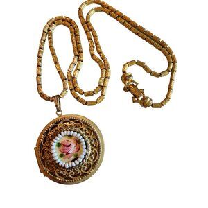 Vintage Signed Goldette Enamel Beaded Filigree Pendant Necklace (A1535)